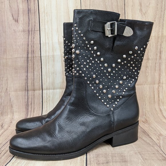 SCHUTZ Shoes - SCHUTZ Aliria Studded Moto Boots Sz 6 Black Leather Silver Hardware Buck…